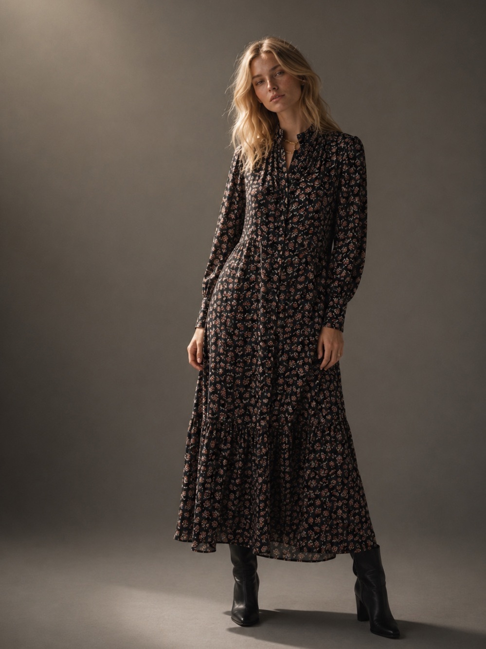 Long Sleeve Floral Maxi Dress - Black/Pink